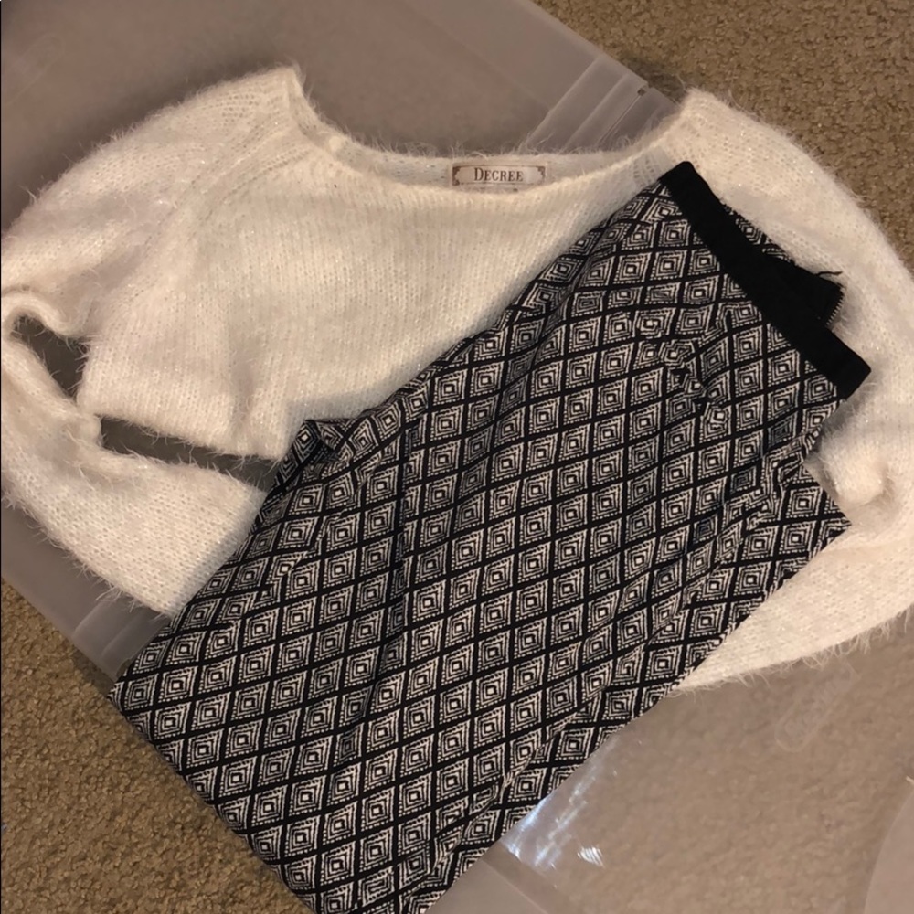 Small white feathery sweater with trendy pants